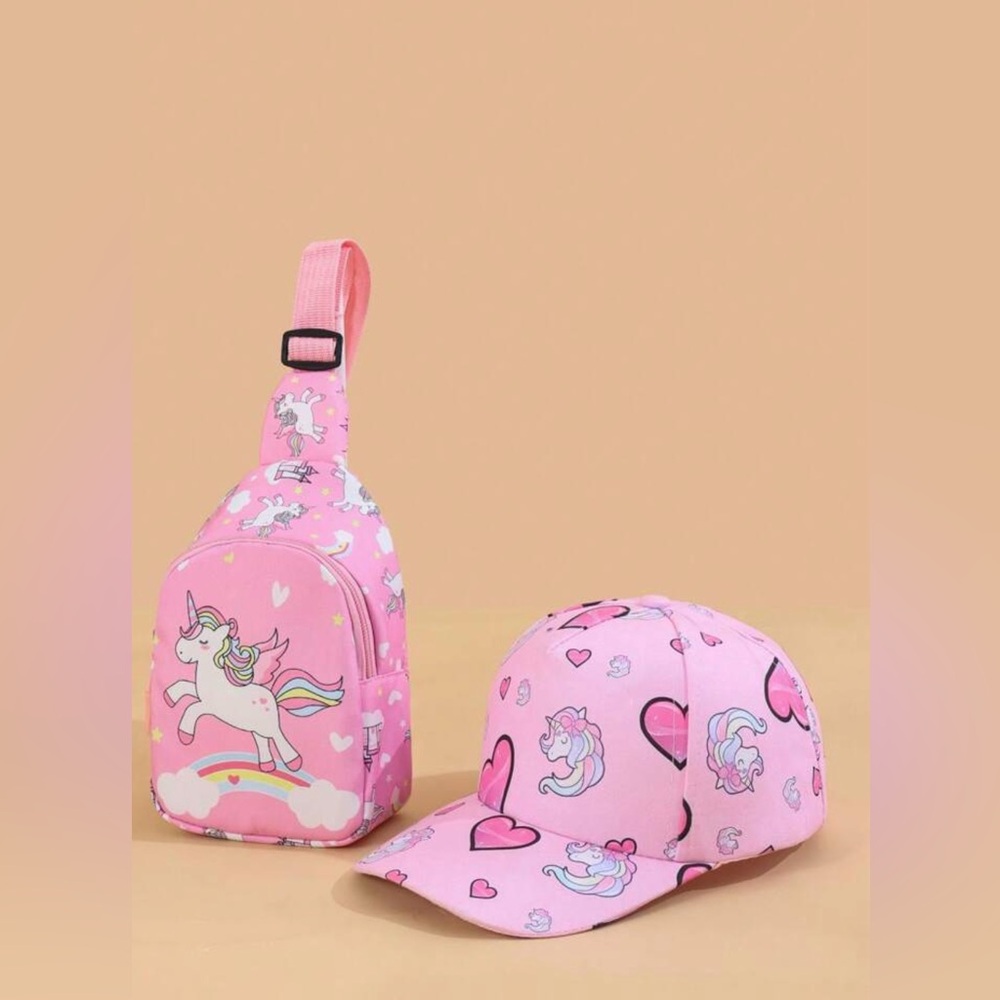 Pink Unicorn Kids Backpack and Cap Set